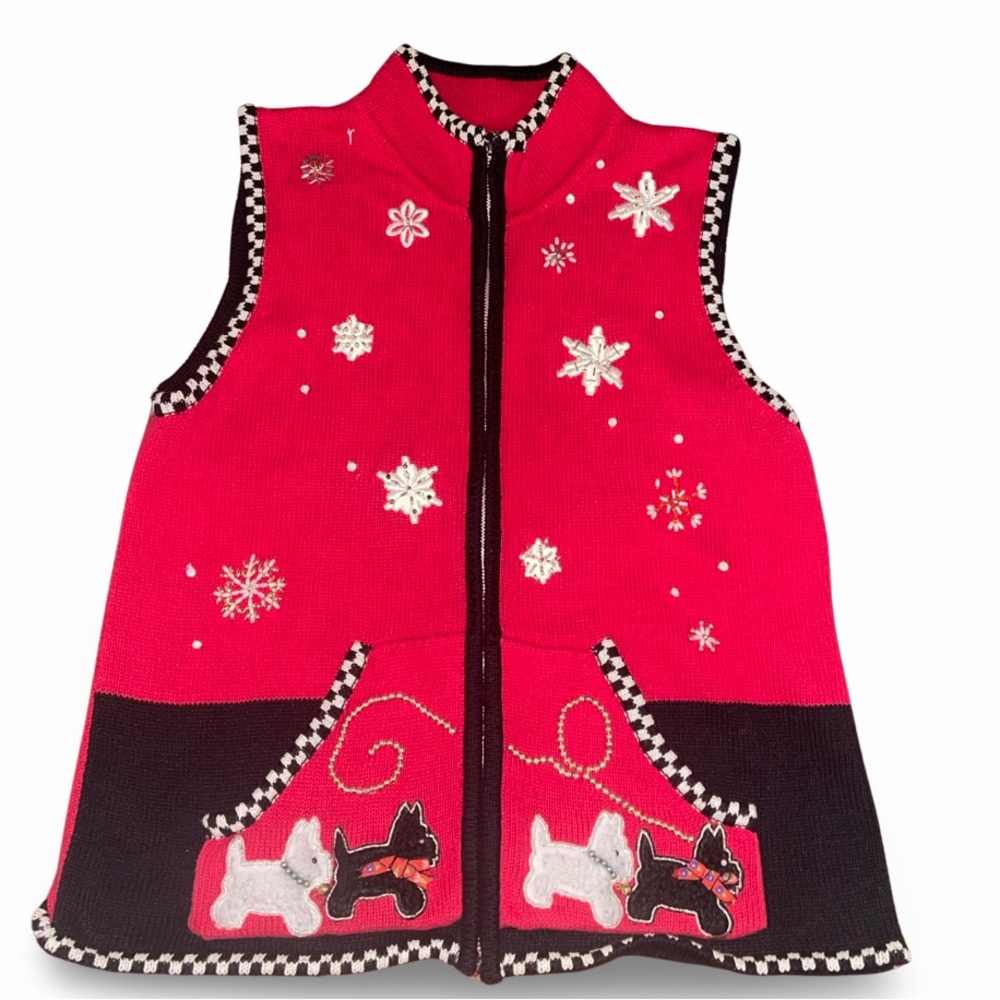 Ugly Christmas Sweater Vest: Snowflakes and Terriers: Full Zip: True Vintage